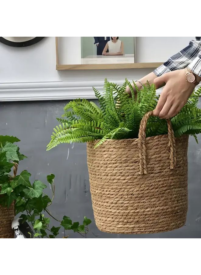 Large Heavy Duty Plant Pot With Sturdy Handles Indoor Outdoor Flower Planter For Garden Patio Home Compatible With Monstera Bird Of Paradise Houseplants Lightweight Base Rounded Edges Decorative Planter Storage Basket 2 Sizes French Country Style Natural Rattan Look 7 87 X 6 69 Inches Size - Image 3