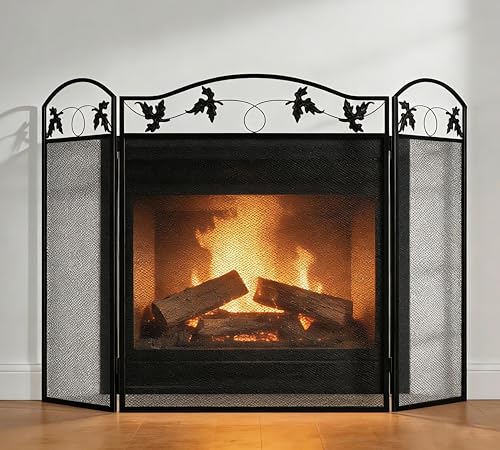Calidola 3-Panel Foldable Black Steel Fireplace Screen Spark Guard Fence,Leaf Design Screen Metal Decorative Mesh Cover - Image 4