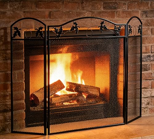 Calidola 3-Panel Foldable Black Steel Fireplace Screen Spark Guard Fence,Leaf Design Screen Metal Decorative Mesh Cover - Image 2