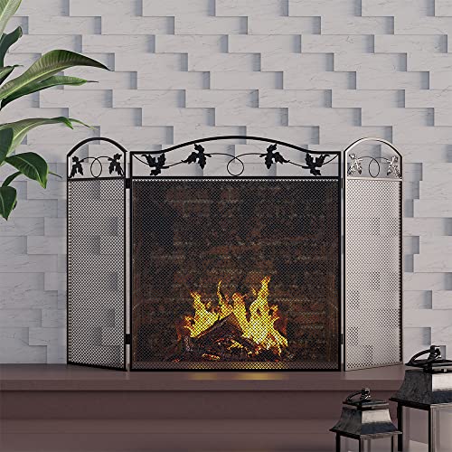 Calidola 3-Panel Foldable Black Steel Fireplace Screen Spark Guard Fence,Leaf Design Screen Metal Decorative Mesh Cover - Image 5