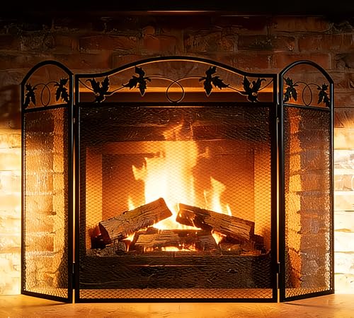 Calidola 3-Panel Foldable Black Steel Fireplace Screen Spark Guard Fence,Leaf Design Screen Metal Decorative Mesh Cover - Image 1