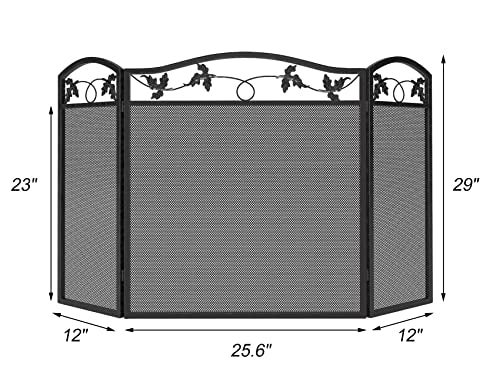 Calidola 3-Panel Foldable Black Steel Fireplace Screen Spark Guard Fence,Leaf Design Screen Metal Decorative Mesh Cover - Image 3