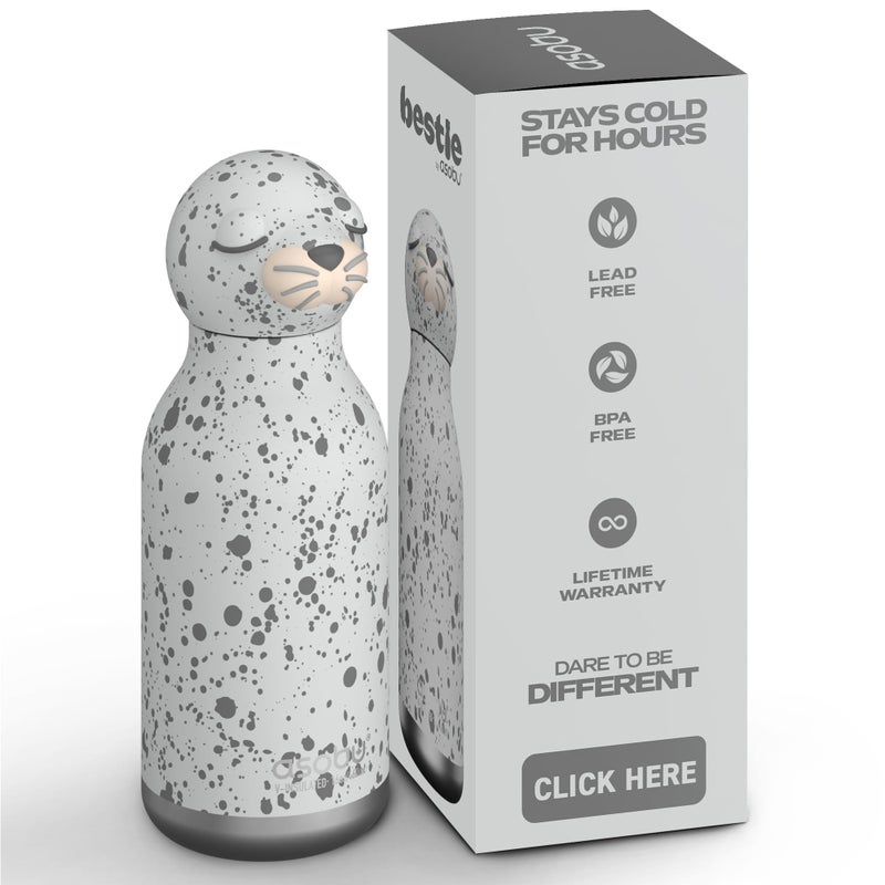 asobu Bestie Bottle Insulated Stainless Steel Water Bottle with Detachable Soft Animal Head Fun Drinking For Kids and Teens with Flexible Reusable Straw 16 Ounce (Seal White) - Image 1
