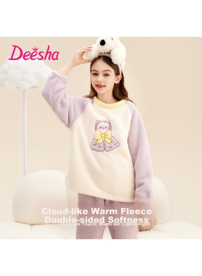 Deesha Girls' Winter Fleece-lined Thickened Pullover Raglan Sleeve Pajama Set Warm Homewear Suitable For Outdoor Wear - Image 1
