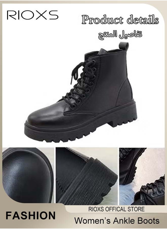RIOXS Women's Fashion Ankle Boots, Casual Side Zipper Lace Up  Ankle Boots, Round Toe Low Heel Booties Shoes, Leather Combat Boots, Lightweight Booties For Lady, Pair With Dress Pants  - Image 4
