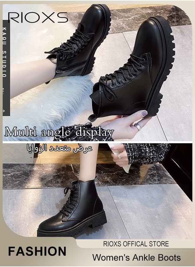 RIOXS Women's Fashion Ankle Boots, Casual Side Zipper Lace Up  Ankle Boots, Round Toe Low Heel Booties Shoes, Leather Combat Boots, Lightweight Booties For Lady, Pair With Dress Pants  - Image 3