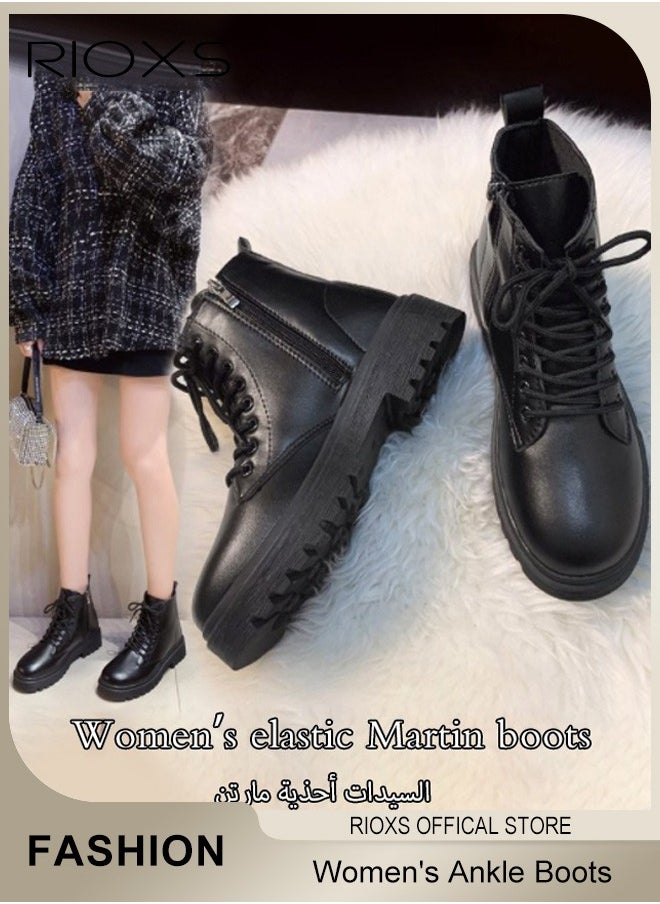 RIOXS Women's Fashion Ankle Boots, Casual Side Zipper Lace Up  Ankle Boots, Round Toe Low Heel Booties Shoes, Leather Combat Boots, Lightweight Booties For Lady, Pair With Dress Pants  - Image 2