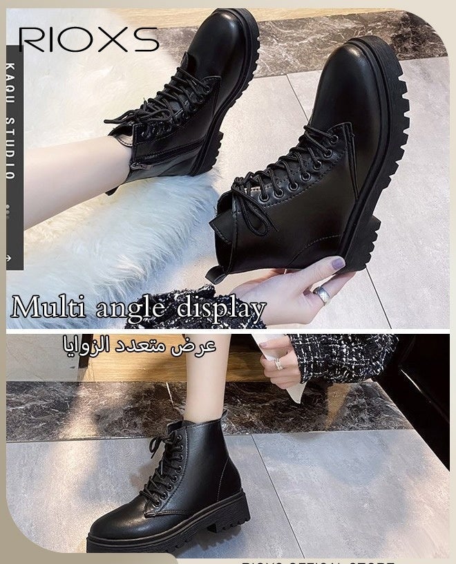 RIOXS Women's Fashion Ankle Boots, Casual Side Zipper Lace Up Ankle Boots, Round Toe Low Heel Booties Shoes, Leather Combat Boots For Women, Lightweight Booties For Lady, Lace-up Outdoors Boots, Ankle Booties Pair With Dress/ Cargo Pants/ Shorts/ Shirt/ Windbreaker - Image 2
