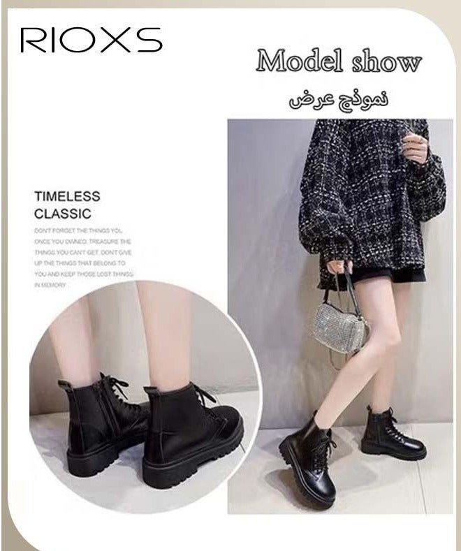 RIOXS Women's Fashion Ankle Boots, Casual Side Zipper Lace Up Ankle Boots, Round Toe Low Heel Booties Shoes, Leather Combat Boots For Women, Lightweight Booties For Lady, Lace-up Outdoors Boots, Ankle Booties Pair With Dress/ Cargo Pants/ Shorts/ Shirt/ Windbreaker - Image 4