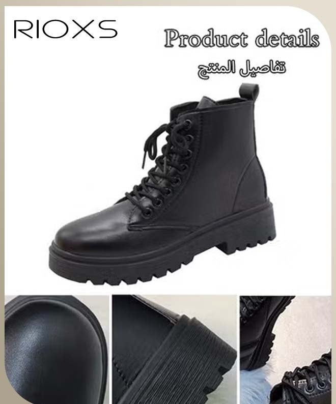 RIOXS Women's Fashion Ankle Boots, Casual Side Zipper Lace Up Ankle Boots, Round Toe Low Heel Booties Shoes, Leather Combat Boots For Women, Lightweight Booties For Lady, Lace-up Outdoors Boots, Ankle Booties Pair With Dress/ Cargo Pants/ Shorts/ Shirt/ Windbreaker - Image 5
