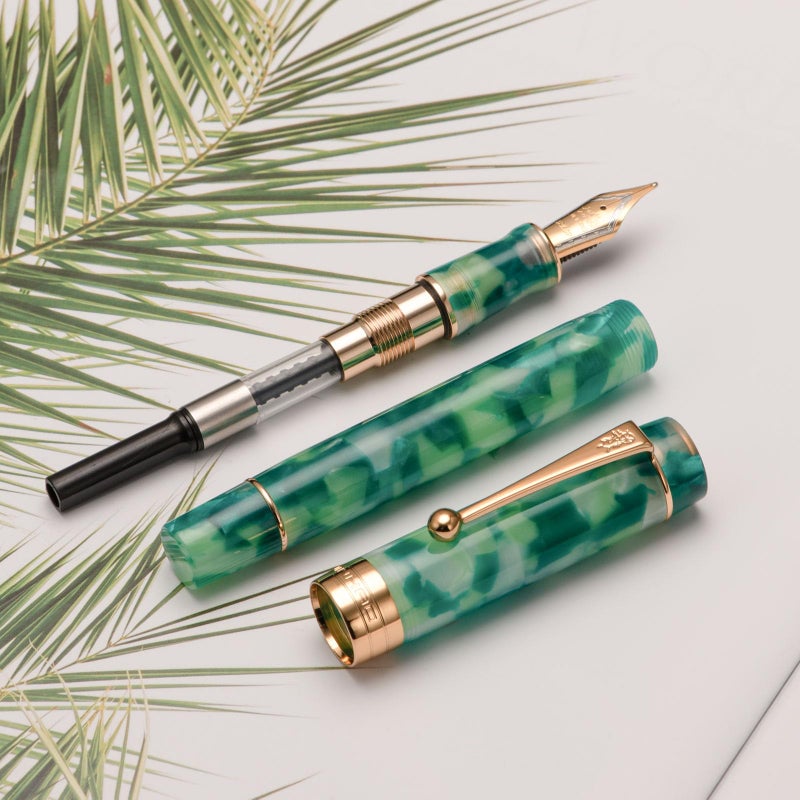 Lanxivi Jinhao Classic Fountain Pen Green Marble Gold Trim, Extra Fine Nib with Converter and Pen Case Set - Image 3
