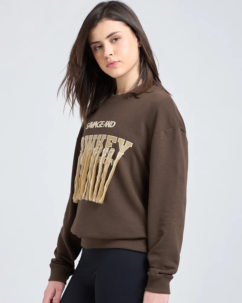 بيواكوف Women's Chestnut Brown Embroidered Oversized Sweatshirt