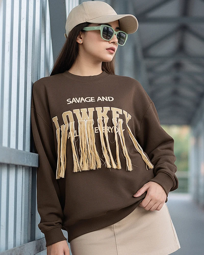 بيواكوف Women's Chestnut Brown Embroidered Oversized Sweatshirt