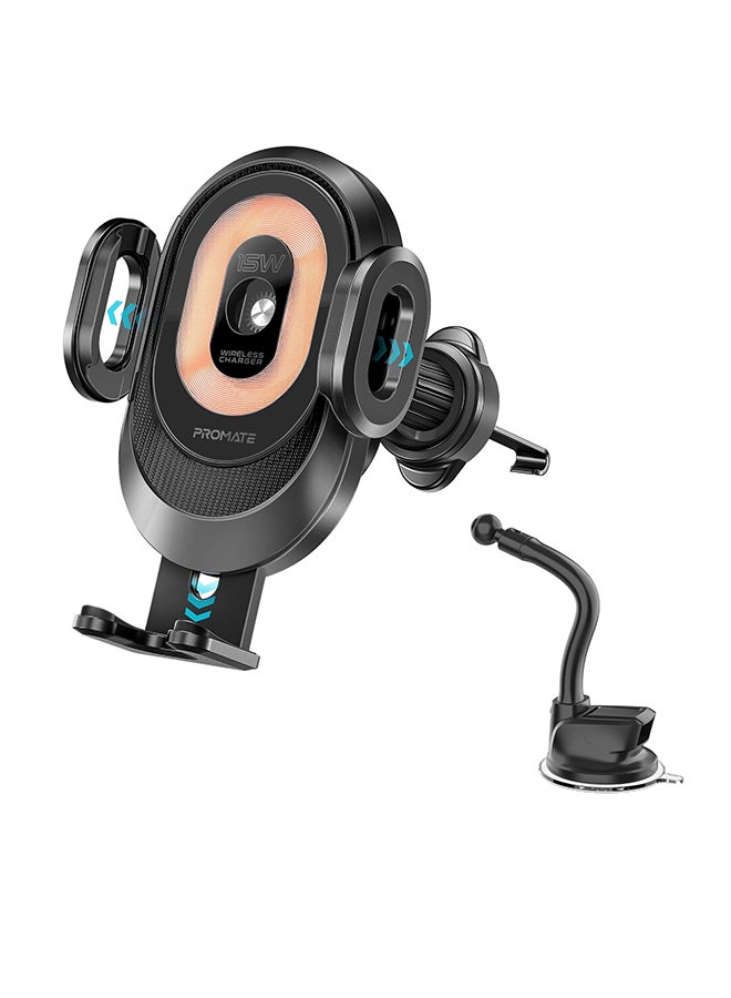 PROMATE Wireless Car Charger, 15W Auto-Clamping Qi Alignment Sensor Dashboard/Air Vent Car Charger Mount with Large Coil, Flexible Gooseneck,  Charge Protection and Multi-Angle Support Black - Image 1