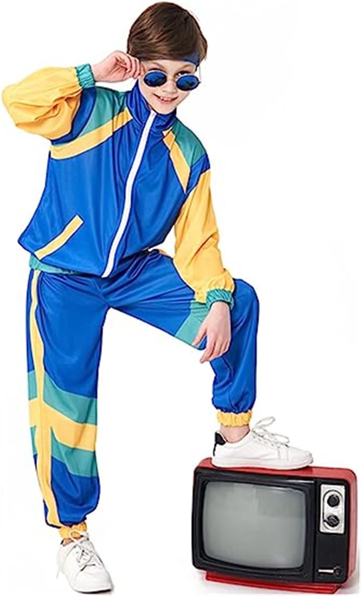 JELEUON Boys Girls Retro Hip Hop 80s Tracksuit Costume Dance Sportswear Top Pants Sets Outfit Colorblock Windbreaker Sets L - Image 2