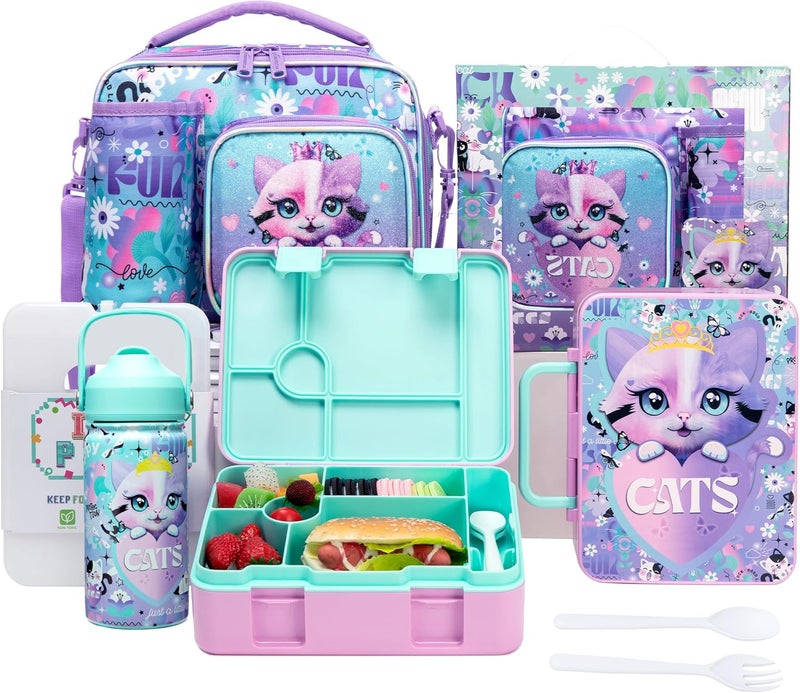 Oruiji Lunch Box Kids Bento Box for Girls with Ice Pack,Lunch Bag,Stainless Steel Water Bottle Set Utensils Set Food Container for School Cat Girls Lunch Boxes Kids Back to School Supplies - Image 1
