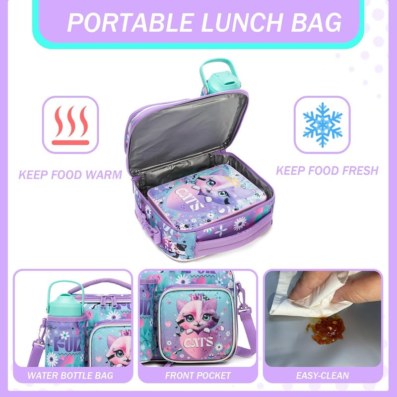 Oruiji Lunch Box Kids Bento Box for Girls with Ice Pack,Lunch Bag,Stainless Steel Water Bottle Set Utensils Set Food Container for School Cat Girls Lunch Boxes Kids Back to School Supplies - Image 3