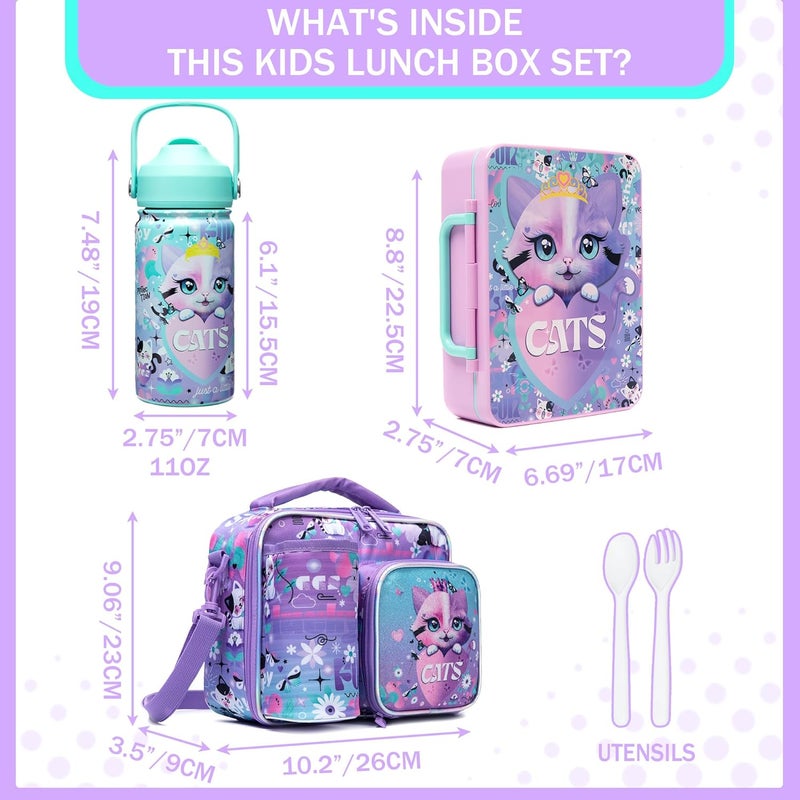 Oruiji Lunch Box Kids Bento Box for Girls with Ice Pack,Lunch Bag,Stainless Steel Water Bottle Set Utensils Set Food Container for School Cat Girls Lunch Boxes Kids Back to School Supplies - Image 2