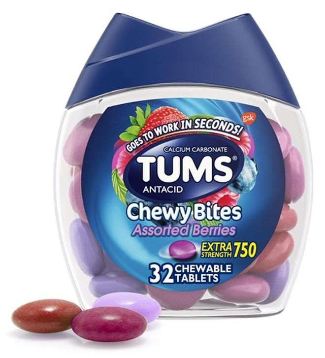TUMS Chewy Bites Antacid Tablets for Chewable Heartburn & Acid Indigestion Relief, Assorted Berries, 32 Count - Image 1