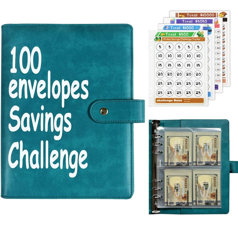 DONBAO 100 Envelopes Money Saving Challenge Binder, Fun and Easy Savings System to Save $5,050, $10,000, $500, $1,000, A5 Budget Binder Planner Book Tracker with Cash Envelopes, Guide (Blue) - Image 1