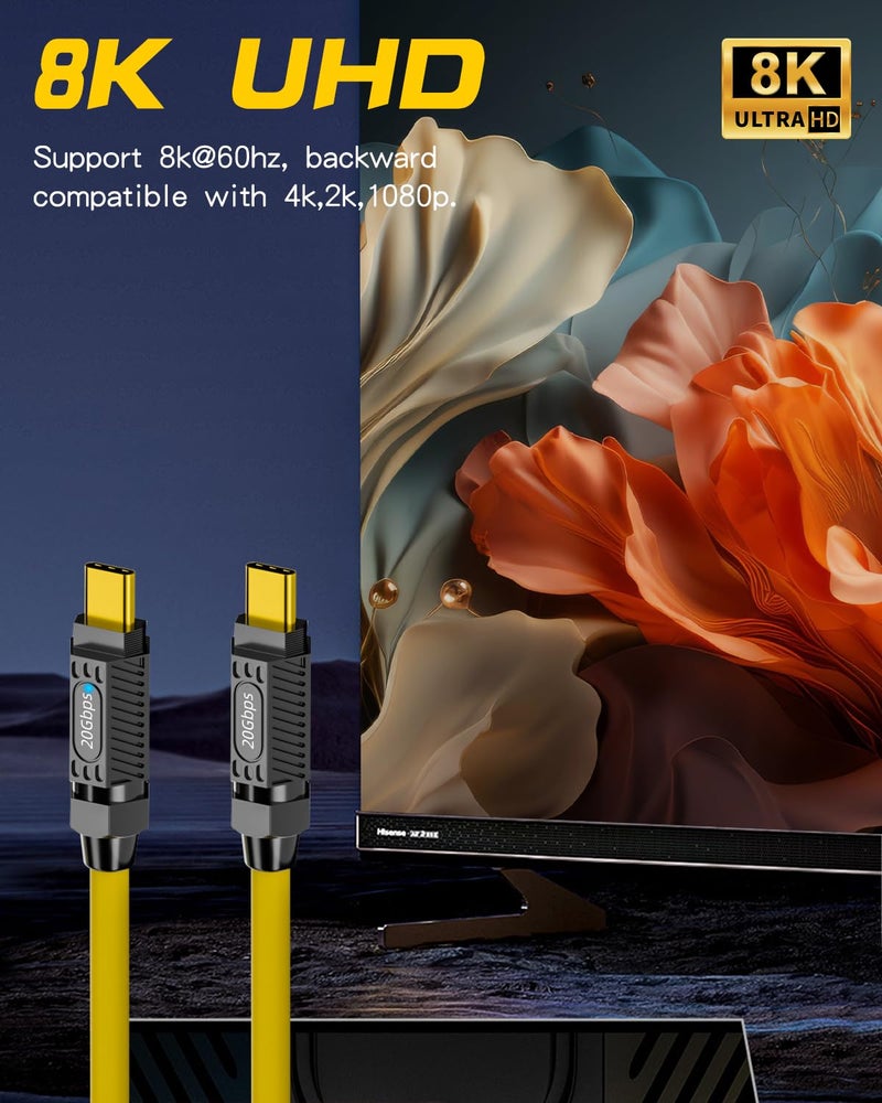 Poyiccot Short USB C to USB C Cable 6inch, 140W PD Fast Charging, 20Gbps Data Transfer, 8K@60Hz Silicone Type C Charger Cable Compatible with iPhone Android Galaxy S23, Yellow - Image 5