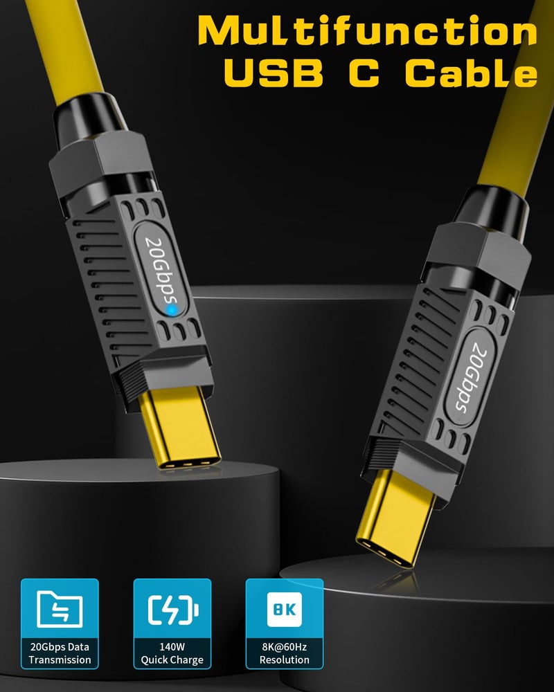 Poyiccot Short USB C to USB C Cable 6inch, 140W PD Fast Charging, 20Gbps Data Transfer, 8K@60Hz Silicone Type C Charger Cable Compatible with iPhone Android Galaxy S23, Yellow - Image 2