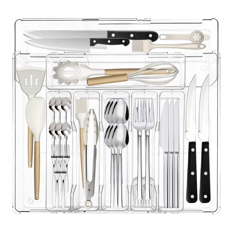 Pesilo Expandable Silverware Organizers for Kitchen Drawer, Clear Utensil Drawer Organizer Tray, Adjustable Cutlery Flatware Holder for Spoon Fork Knife, Plastic Spatula Tools Gadgets Storage Divider - Image 1