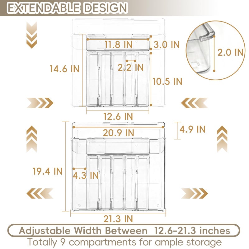 Pesilo Expandable Silverware Organizers for Kitchen Drawer, Clear Utensil Drawer Organizer Tray, Adjustable Cutlery Flatware Holder for Spoon Fork Knife, Plastic Spatula Tools Gadgets Storage Divider - Image 2