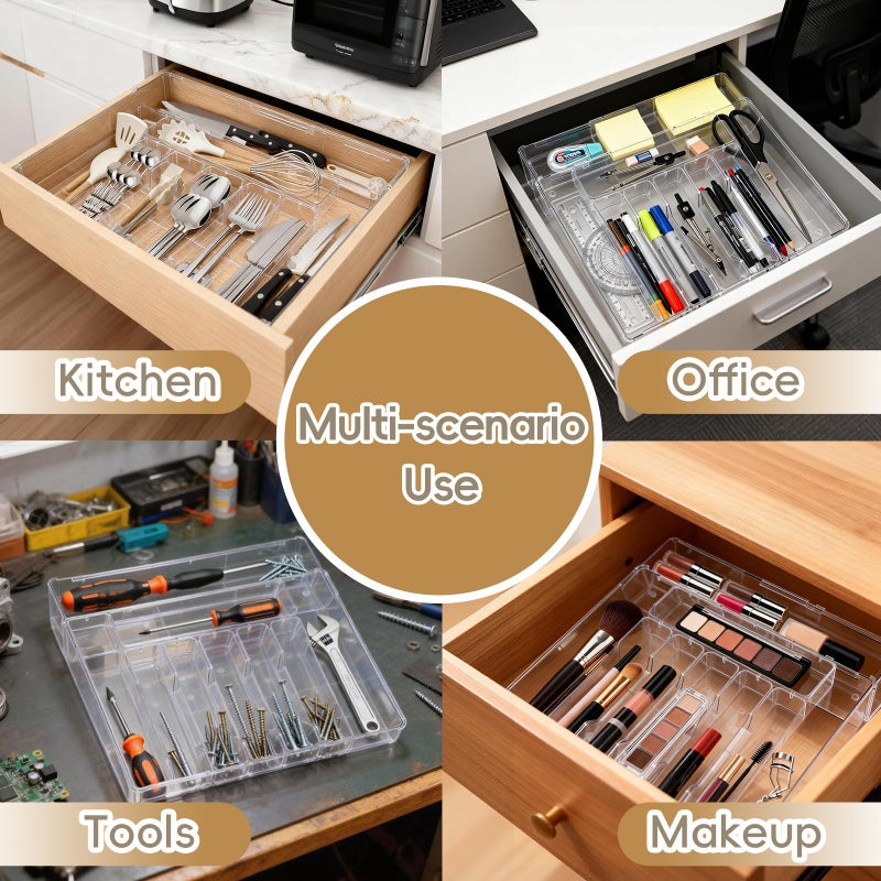 Pesilo Expandable Silverware Organizers for Kitchen Drawer, Clear Utensil Drawer Organizer Tray, Adjustable Cutlery Flatware Holder for Spoon Fork Knife, Plastic Spatula Tools Gadgets Storage Divider - Image 4