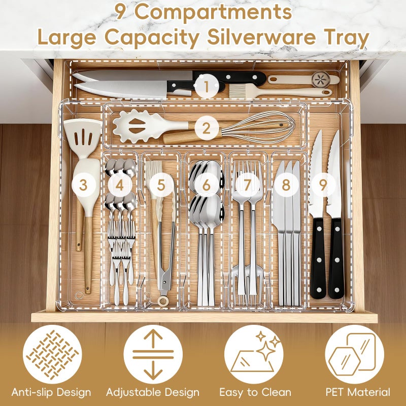 Pesilo Expandable Silverware Organizers for Kitchen Drawer, Clear Utensil Drawer Organizer Tray, Adjustable Cutlery Flatware Holder for Spoon Fork Knife, Plastic Spatula Tools Gadgets Storage Divider - Image 3