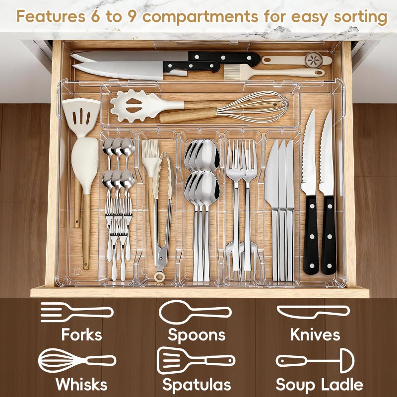 Pesilo Expandable Silverware Organizers for Kitchen Drawer, Clear Utensil Drawer Organizer Tray, Adjustable Cutlery Flatware Holder for Spoon Fork Knife, Plastic Spatula Tools Gadgets Storage Divider - Image 5