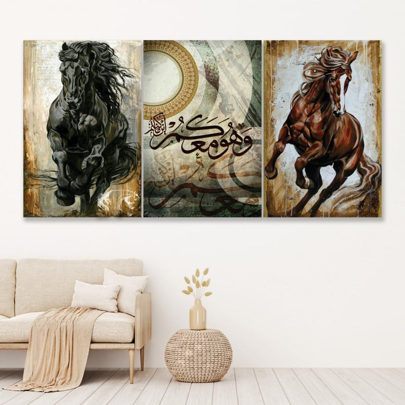 Marktna Three modern canvas prints featuring Arabian horses with a hollow frame, measuring (150×70), three pieces - Image 1
