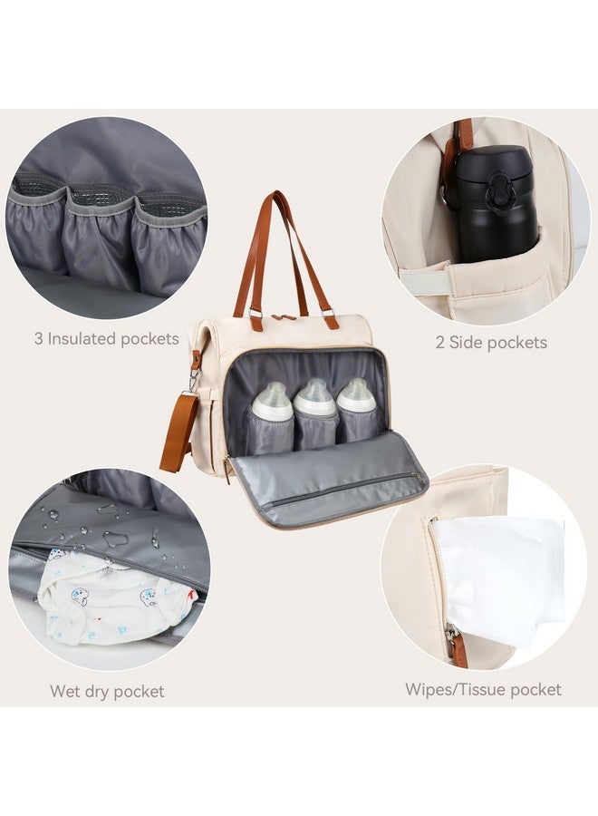 Pripher Mom‘s Diaper Bag 4 in 1 Diaper Baby Tote, Hospital Bag for Labor & Delivery, Large Waterproof Baby Travel Weekender with 3 Insulated Pockets, Beige - Image 3