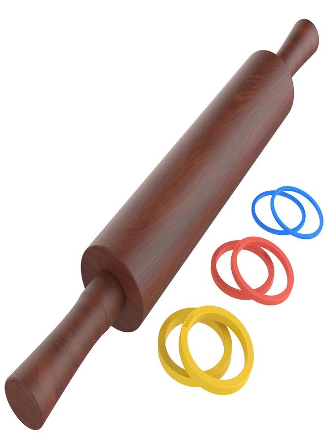 Mepple Classic Wooden Rolling Pin with Handle for Fondant, Pizza, Pies, Cookies, Pastries, Rolling Pin for Baking with 3 Multi-Color Thickness Rings, 17" x 2.5" Natural Sapele Rolling Pin - Image 1