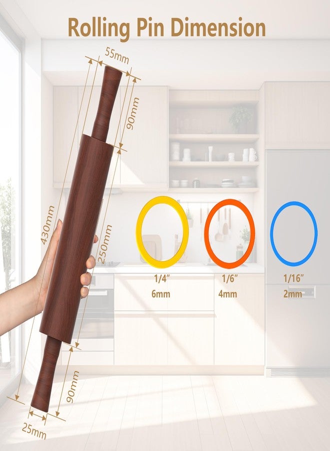 Mepple Classic Wooden Rolling Pin with Handle for Fondant, Pizza, Pies, Cookies, Pastries, Rolling Pin for Baking with 3 Multi-Color Thickness Rings, 17" x 2.5" Natural Sapele Rolling Pin - Image 5