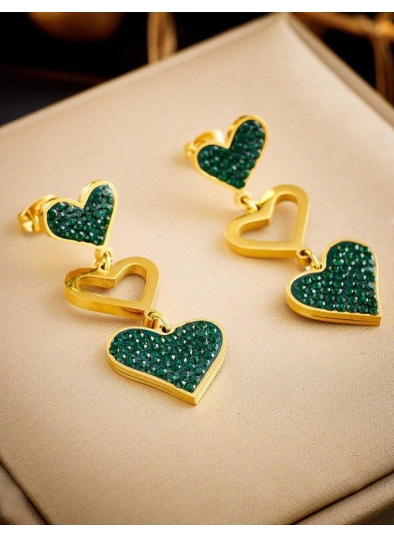The Black Pearl Accessories Green Zirconic Heart Stainless Steel Earring 