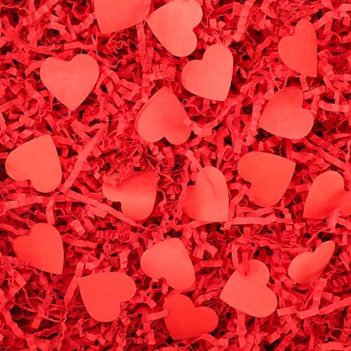 peony man 1 LB Valentines Day Crinkle Cut Paper Shred Filler Red Shredded Paper with Heart Confetti Valentine Raffia Shred Papers for Gift Basket Box Bag Filling Crafts Wrapping Wedding Birthday Party