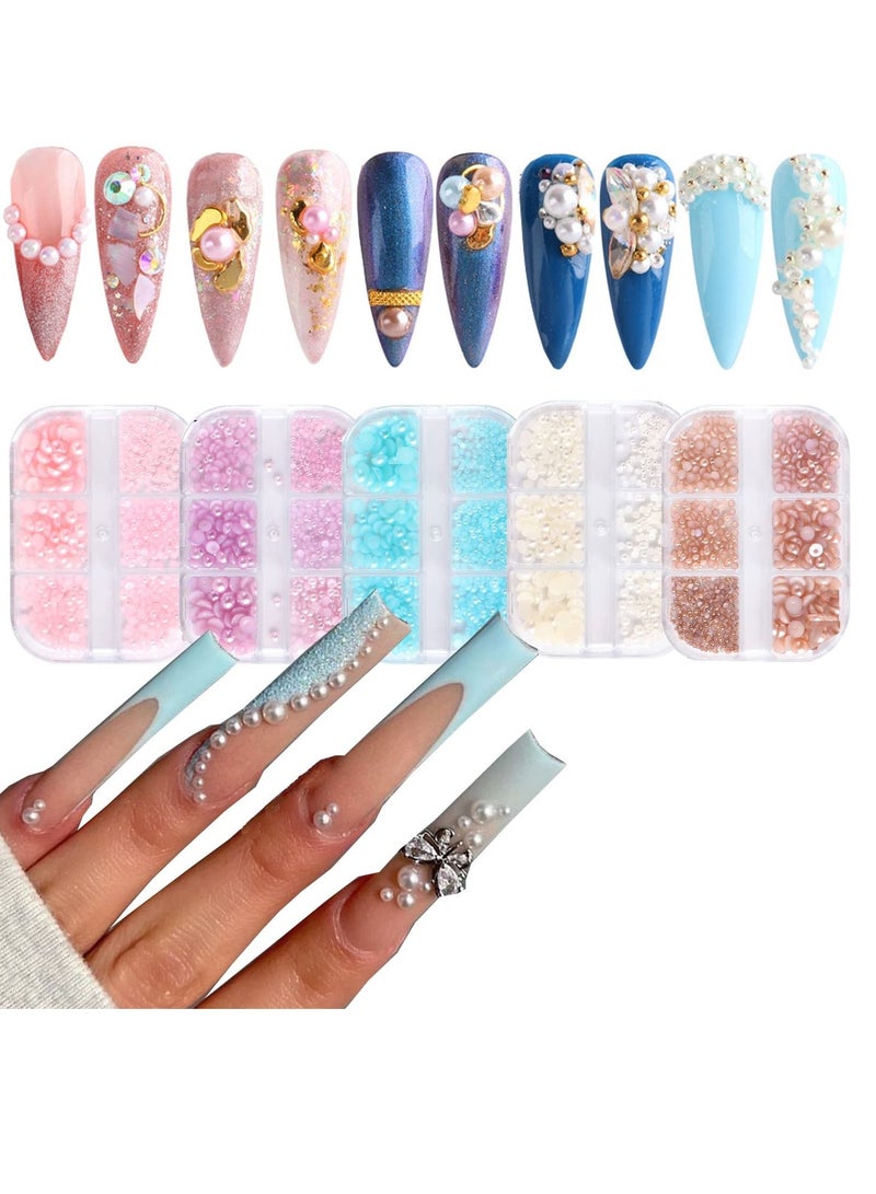 SYOSI لآلئ مسطحة لتزيين الأظافر، 5 صناديق بألوان مختلطة، لآلئ الأظافر لتزيين فن الأظافر، حبات نصف دائرية لمستلزمات فن الأظافر بحجم 1.5 مم-5 مم، تصميم لامع لآلئ الأظافر للنساء - Image 1