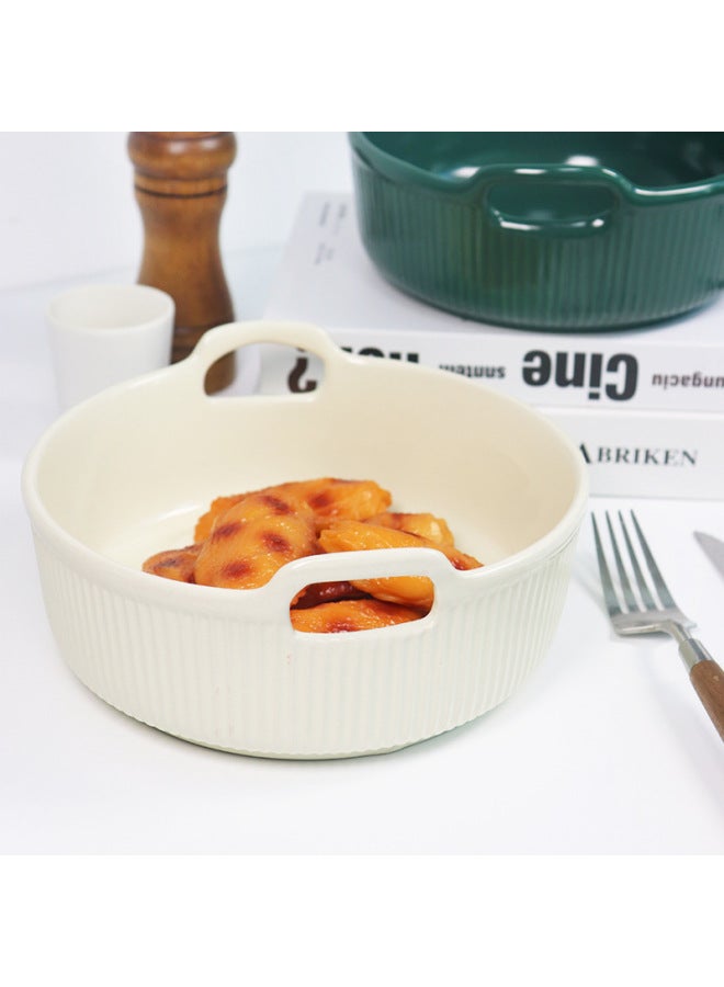 Air Fryer Baking Bowl Ceramic Household High Temperature Oven Microwave Oven Cheese Baked Rice Special Bowl Double Handles-Specifications:7inch Bowl-white-Capacity:601-700ml - Image 1