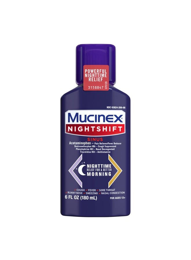 MUCINEX Nightshift Sinus, Cold And Flu Cough Medicine For Adults, Powerful Nighttime Sinus Medicine For Sinus Relief, Sore Throat Relief, Cough Suppressant & Nasal Decongestant For Adults, 6 Fl Oz - Image 1