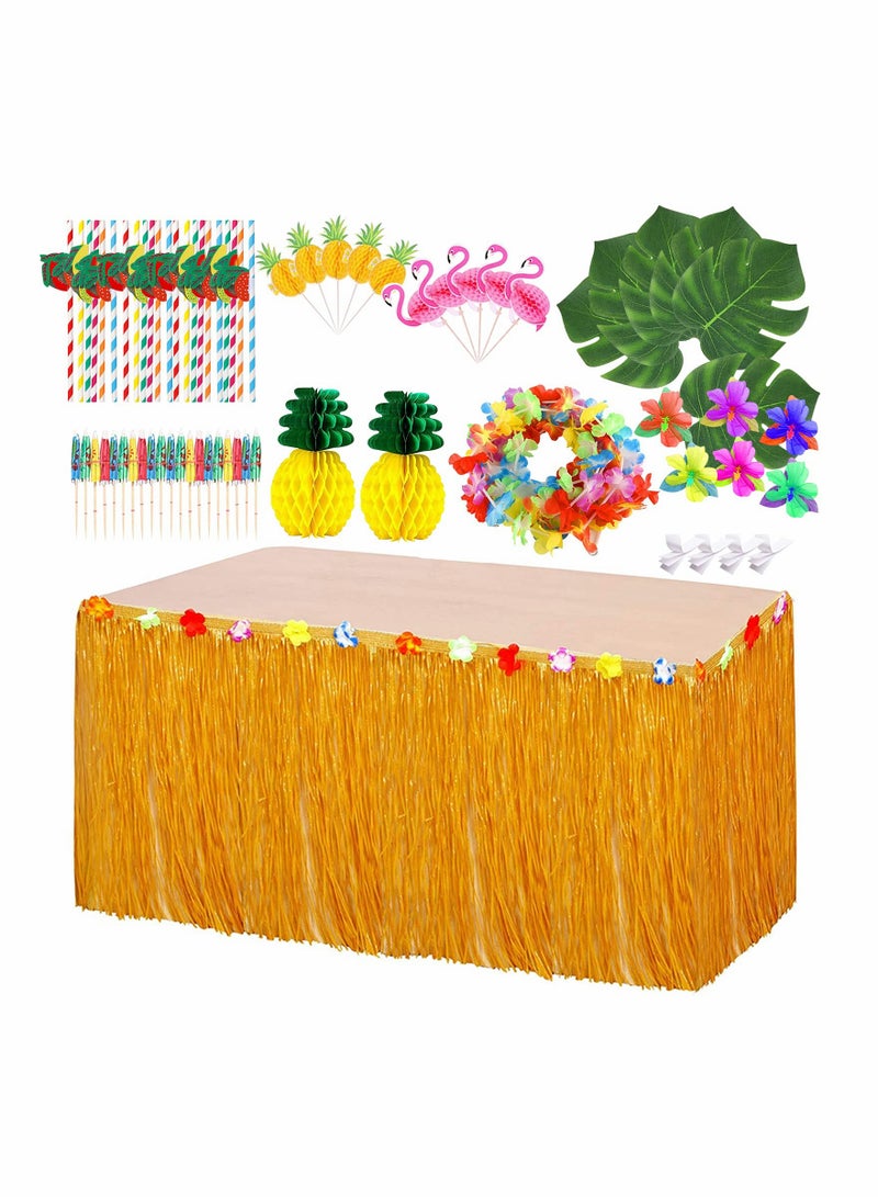 Excefore Hawaiian Luau Party Decorations Hawaiian Grass Table Skirt Set for Tropical Party Tiki Aloha Summer Theme Decorations Supplies - Image 1