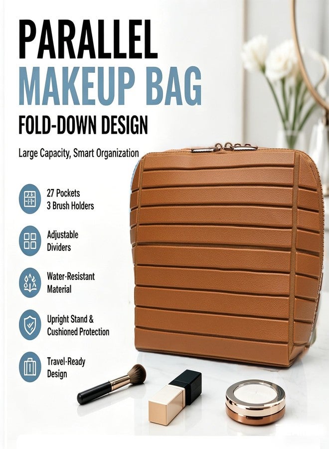 Makeup Bag, Travel Makeup Organizer Bag with Fold-Down Design and Adjustable Dividers, 27 Pockets & 3 Brush Storage Holders, Large Capacity Cosmetic Bags Toiletry Case (Brown) - Image 2