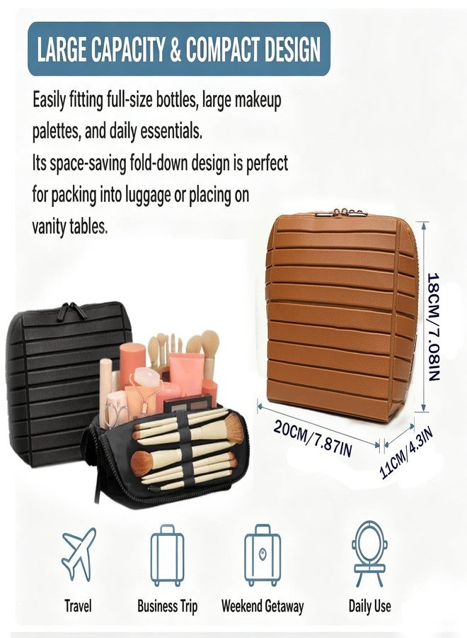 Makeup Bag, Travel Makeup Organizer Bag with Fold-Down Design and Adjustable Dividers, 27 Pockets & 3 Brush Storage Holders, Large Capacity Cosmetic Bags Toiletry Case (Brown) - Image 5