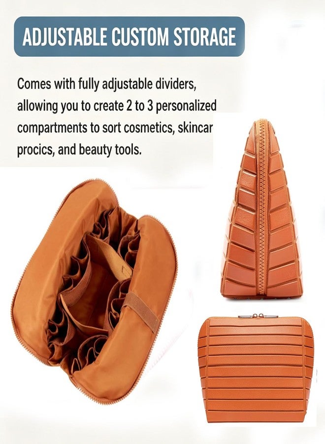 Makeup Bag, Travel Makeup Organizer Bag with Fold-Down Design and Adjustable Dividers, 27 Pockets & 3 Brush Storage Holders, Large Capacity Cosmetic Bags Toiletry Case (Brown) - Image 3