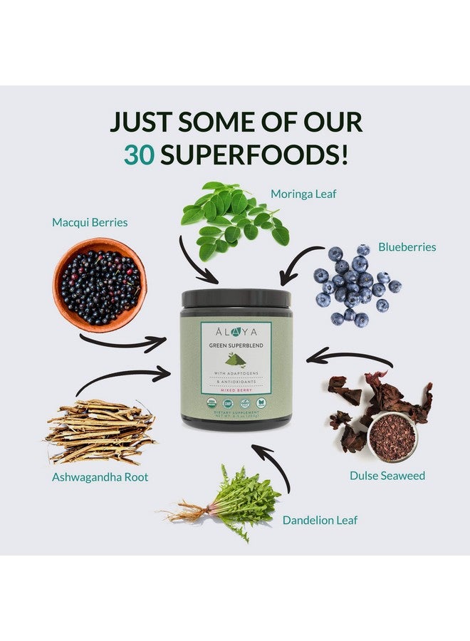 Alaya Organic Super Greens Powder Premium Green Juice Superfood Supplement Powder Adaptogens Antioxidants & Probiotics Blend Usda Organic Nongmo Vegan 30 Servings (Mixed Berry)