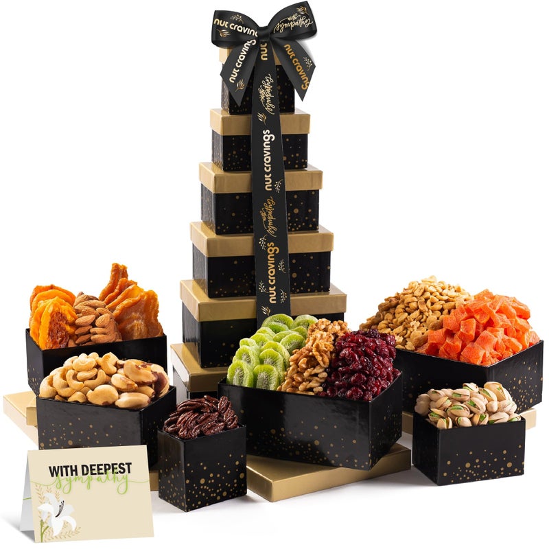 NUT CRAVINGS Gourmet Collection Sympathy Condolence Nuts Dried Fruits Tower Gift Basket with Sympathy Ribbon Greeting Card 12 Assortments Food Arrangement Healthy Snack Food Assortments
