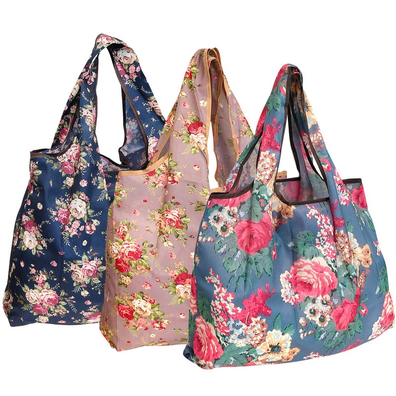 Wrapables EcoFriendly Large Nylon Reusable Shopping Bags Set of 3 Flower Bouquet