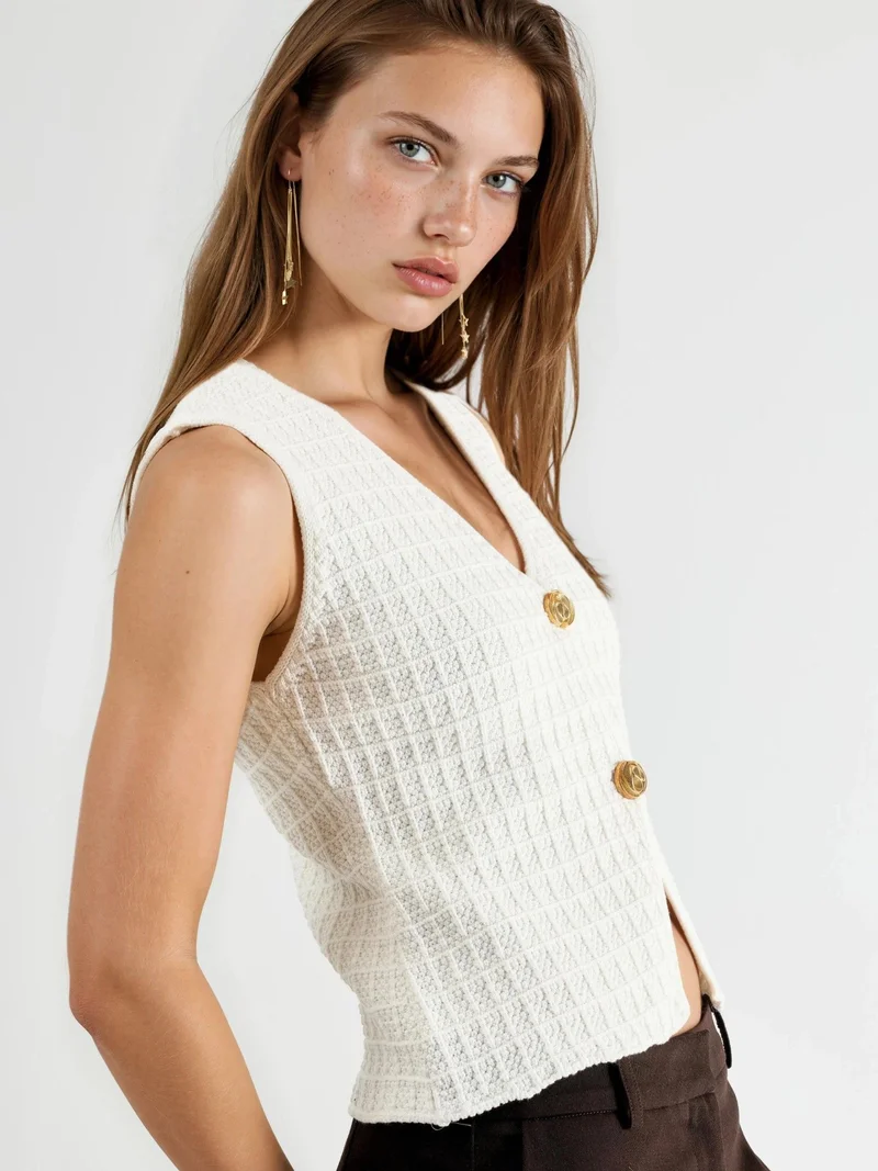 Qustyle QU STYLE Textured Knitwear V-Neck Buttoned Top