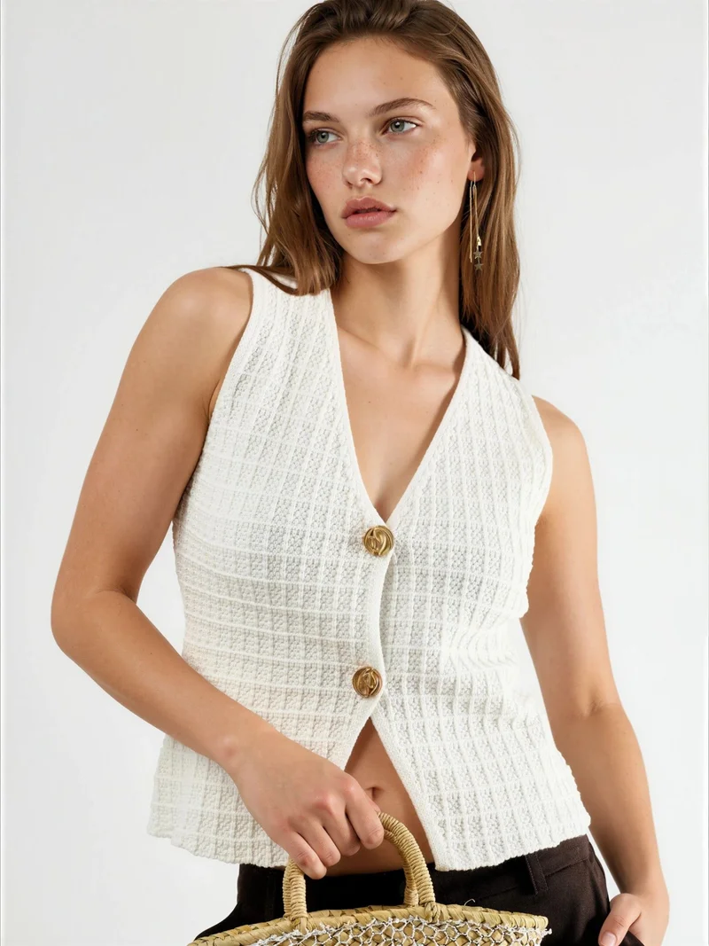 Qustyle QU STYLE Textured Knitwear V-Neck Buttoned Top