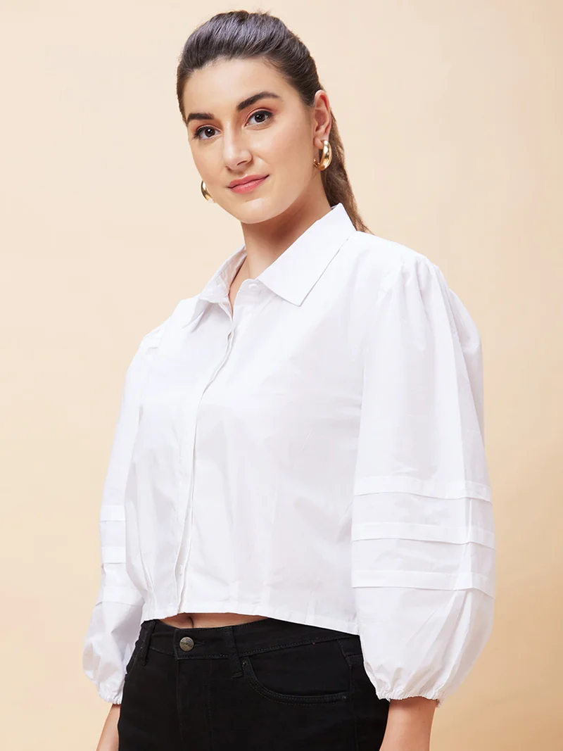 globus Women White Puff Sleeve Pure Cotton Shirt Style Crop Top